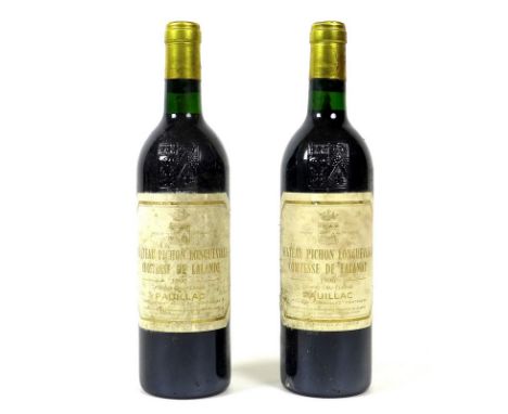 Vintage Wine: two bottles of Chateau Pichon Longueville, Comtesse de Lalande, Pauillac, 1990, Grand Cru Classe, U: base neck.