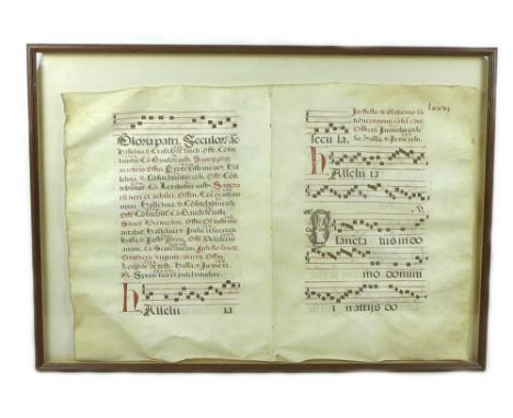 A piece of church music written on vellum in black and red ink, likely for playing on organ, possibly 19th century, framed, 8
