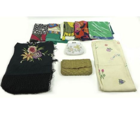 A collection of six silk head scarves, two marked Aquascutum, one marked Picasso, one marked Balenciaga and one hand embroide