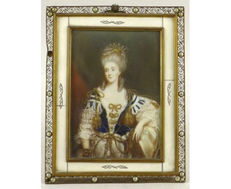 A 19th century miniature portrait on ivory, possibly depicting Marie Antoinette, in half length seated pose wearing rich cour