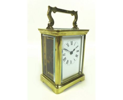 A French brass cased five glass carriage clock, circa 1970s, white enamel dial with black Roman numerals and minute track, sh