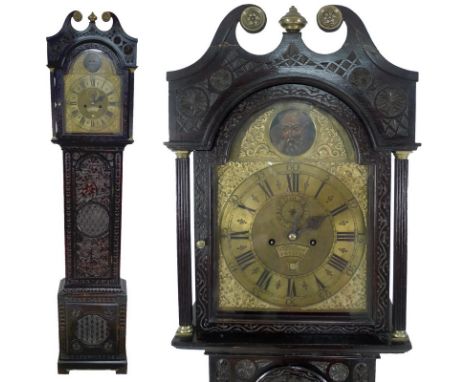 A George III oak cased long case automaton clock, circa 1780, 11 inch brass arched dial with black Roman numerals, half hour 