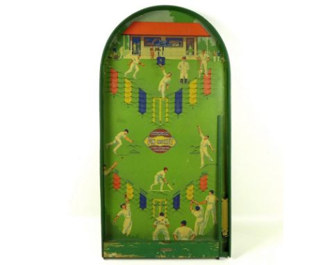 An Amersham Pin Cricket wooden painted bagatelle board, pre patent, number 462473, with runs and wickets scoring rule below, 