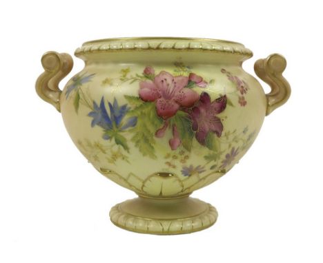 A Royal Worcester porcelain ivory blush twin handled vase, dated 1907, shape number 2397, of squat ovoid form with moulded ri