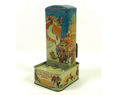 A very rare 1920's Huntley and Palmer Christmas biscuit tin, named 'The Elves Penny-In-The-Slot Machine', circa 1926, brightl