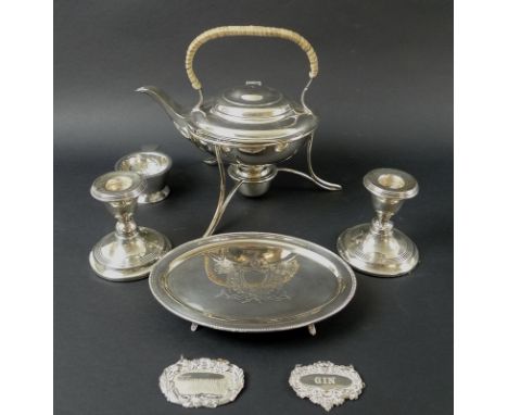 A collection of mostly George V and later silver and silver plated items including a pair of silver dwarf candlesticks, reede