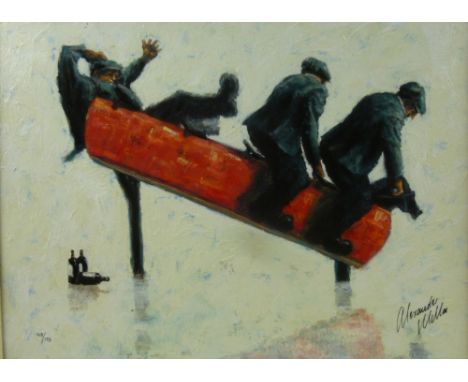 After Alexander Millar (Scottish, b. 1960): a limited edition colour giclee print on canvas entitled 'Cowboys', number 148 / 
