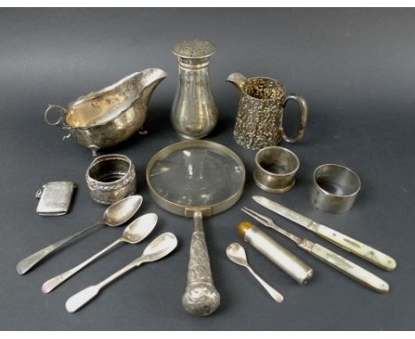 A group of silver items, mostly Victorian and later, comprising an unusual pen torch with bakelite top and silver engine turn