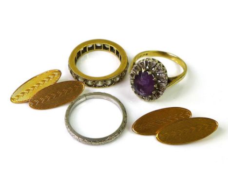 A group of jewellery, including a 9ct gold eternity ring set with white stones, size K, a 9ct gold ring set with central amet