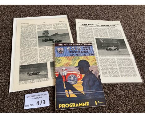 Motor Racing : Brooklands - 500 mile race programme - 6th running - 22/09/1934 programme great condition - iconic item (Fredd