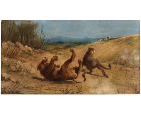 French school; second half of the 19th century."Hunting the Lion.Oil on panel.Provenance: private collection conceived since 