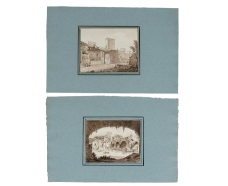ANTONIO ACQUARONI (Italy, 1800-1874)."San Lorenzo Gate" and "View of Tiber Island".Ink paper (x2).With period passe-partout.P