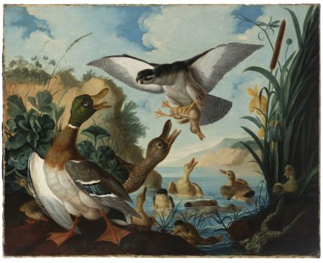 VENCESLAO WEHRLIN (Italy, 1746 (?) -1780)."Hawk Hunting a Baby Duck".Oil on canvas.Signed at lower left.Provenance: private c