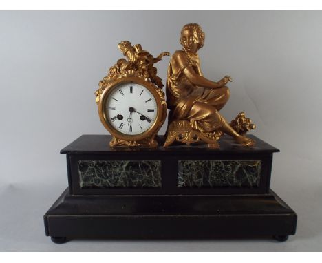 A Victorian Gilt Spelter and Black Slate Bracket Clock Depicting Seated Maiden on Stool. Roman Numerals to White Dial. 40cm L