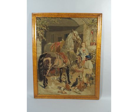 A Large 19th Century Tapestry in Maple Frame Depicting Couple Feeding Horse and Chickens. 79x101cm Approx