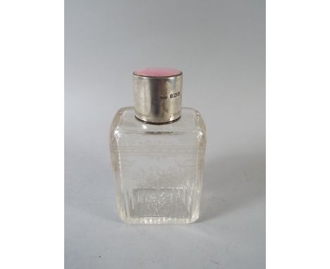 An Etched Glass Perfume Bottle with Silver and Pink Enamel Lid and Inner Stopper to Silver Mounted Pourer. Birmingham 1926. 1