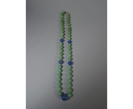 A String of Jade/Agate Beads with Gold Clasp. Beads Approx 10mm. 44 Green Spherical Beads Punctuated with Five Blue Beads of 