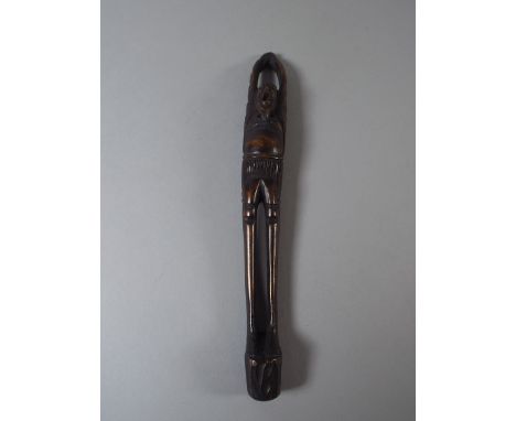 A Japanese Carved Boxwood Sashi Netsuke of a Stretching Man with Open Mouth. 21cm Long. Condition is Consistent with Age, Spl
