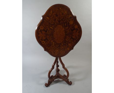 A Pretty 19th Century Marquetry Snap Top Table on Triform Base with Inner Finial and Scrolled Feet. 63x76cm 