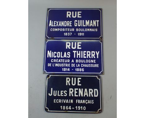 A Pair of French Blue Enamel Street Signs "Rue Nicolas Thierry" and "Rue Alexander Guilmant" Each 50x30cm. Together with a Sm