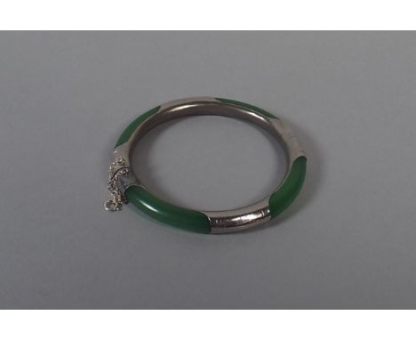 An Attractive Jade and Silver Bangle. Stamped 925 inside Clasp.
