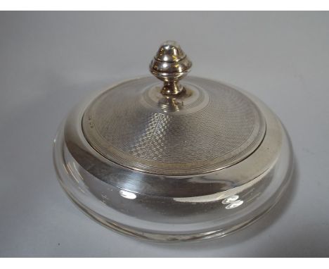 A Glass Powder Pot with Silver Lid having Inner Mirror and Engine Turned Decoration. Birmingham 1934