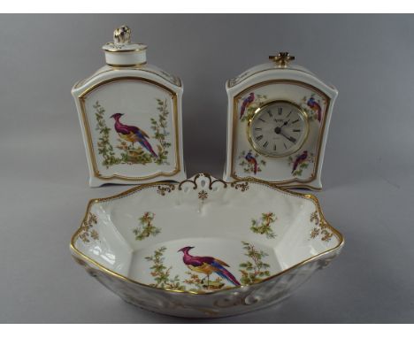 A Collection of Three Pieces of Spode Chelsea Bird, Rectangular Bowl, Mantel Clock and Tea Caddy.