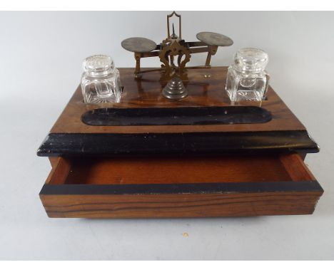 A Victorian Mahogany Inkstand with Postage Scales and Weights. Original Glass Bottles. 23x34x19.5cm