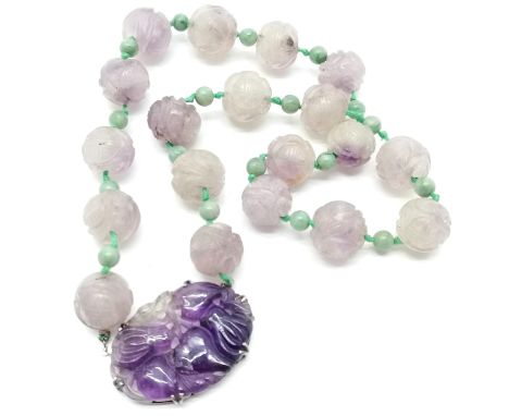 Chinese amethyst / hard stone bead necklace with silver mounted pendant clasp - 42cm long ~ panel has been repaired 