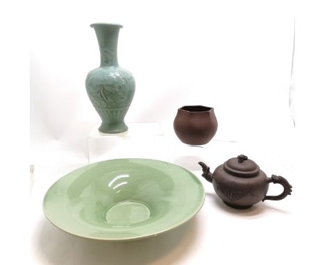 4 x Oriental / Chinese ceramics - hexagonal pot with script around and seal marks, brown teapot with script &amp; bird detail