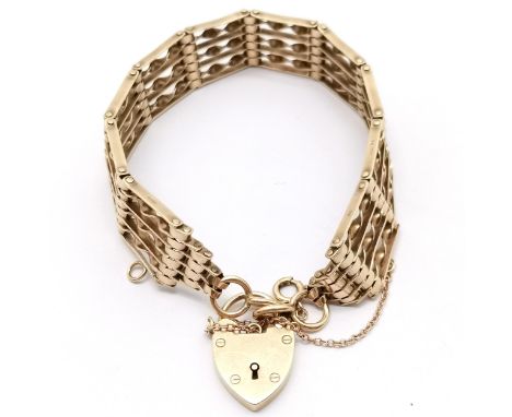 9ct hallmarked gold stylised 7 bar gate link bracelet with heart padlock - 18cm with unmarked gold safety chain - 19.8g 