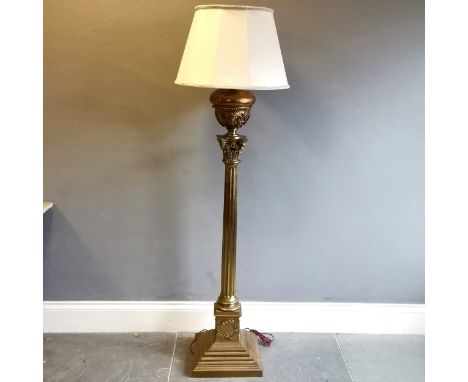 Antique Gilt brass Corinthian column floor lamp, converted from oil lamp, complete with shade, base 150cm high, in used condi