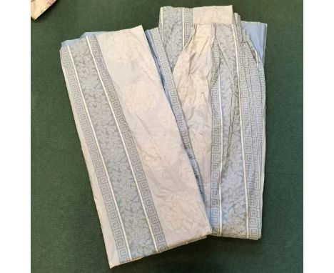 2 Pairs of curtains in blue and cream floral pattern with Greek key borders to each curtain 240cm x 220cm has tiebacks t/w a 