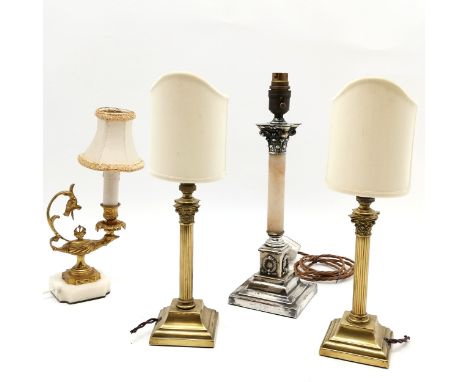 Pair of brass Corinthian column brass table lamps, silver plated and alabaster column lamp and a gilt brass marble based clas