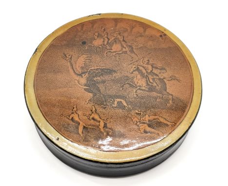 Antique papier-mâché circular snuff box depicting an emu being hunted to the lid 9cm diameter, some losses and a fracture to 