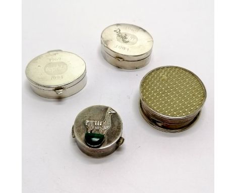 4 x silver pill boxes - 2 by SM, llama detail with malachite stone set &amp; engine turned top (4.5cm diameter &amp; a/f) - t