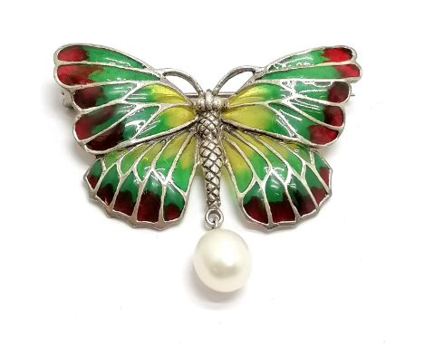Silver plique a jour butterfly brooch / pendant with pearl drop - 4.5cm wingspan &amp; 7.3g total weight ~ no obvious damage 
