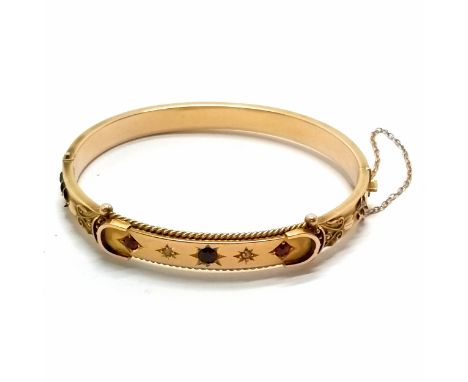 Antique 9ct Chester hallmarked gold bangle set with ruby / diamond / garnet - internal 6cm across &amp; 12.4g total weight ~ 