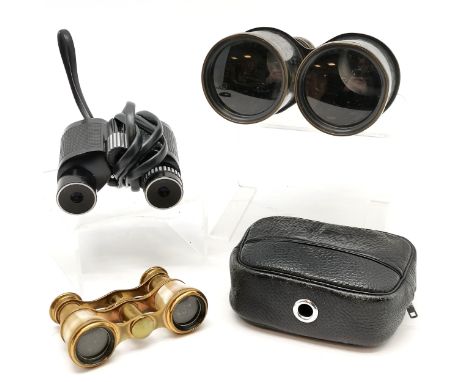 Pair of Jumelle Marine binoculars, cased Nikon binoculars T/W a small pair of brass and mother of pearl opera glasses 9cm acr