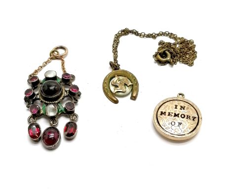 Antique pendant set with garnets &amp; mother of pearl with enamel detail (5cm drop) t/w In memorium pendant etc - SOLD ON BE