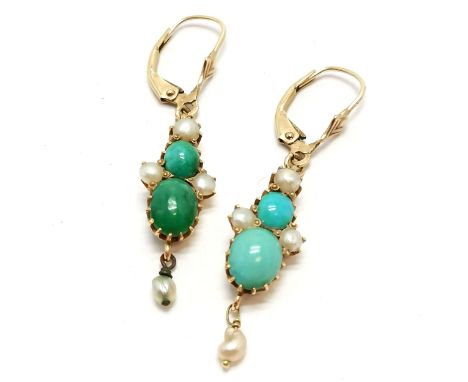 Pair of 9ct marked gold harlequin drop earrings set with turquoise &amp; pearl - 4.2cm drop &amp; 4.1g total weight 