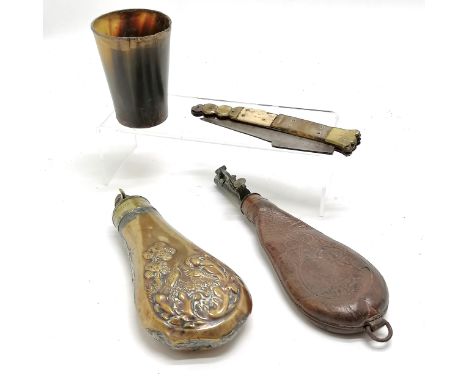 Antique leather &amp; brass shot case, brass powder flask (a/f), antique skinning knife (with obvious damage) &amp; horn beak