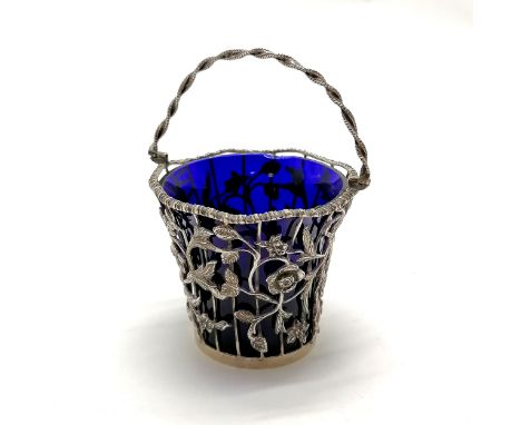 1902 silver pierced basket sugar basin with swing handle &amp; blue glass liner by William Comyns - body of basket is 7cm hig