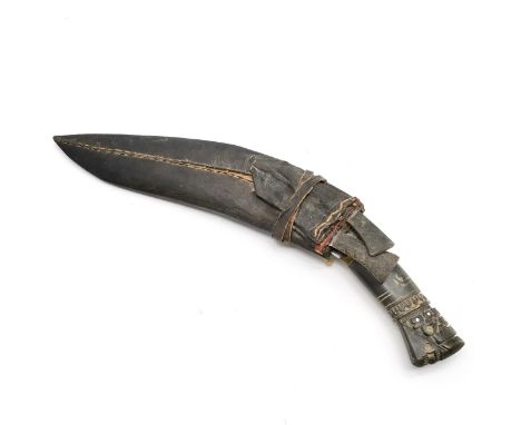 Vintage Kukri knife and leather scabbard, with a horn handle with brass and steel inlay, total length 28cm, some losses to th