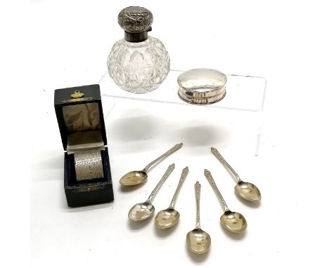 Qty of silver - boxed Chester silver napkin ring, circular lidded box, glass globe scent bottle (9.5cm high &amp; chip to ins