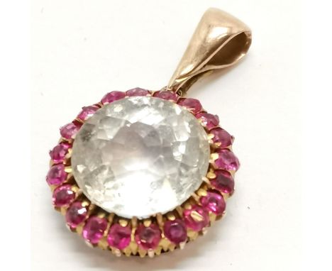 Antique unmarked gold ruby &amp; white stone pendant - 2.8cm drop &amp; 4.5g total weight ~ the large white stone has nibbles