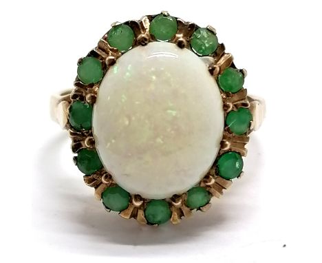 9ct hallmarked gold opal &amp; emerald cluster ring - size O &amp; 3.7g total weight