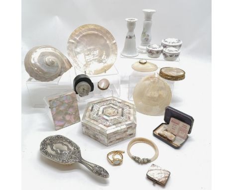 Quantity of Mother of Pearl items incl. Jerusalem religious carved dish, early 19thC christening plate 17cm diameter, conch s