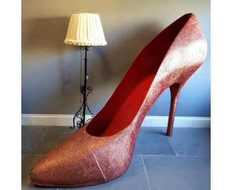 A Very large fibreglass red stiletto glitter shoe, possibly Mascotte window display item, 175 cm high, 220cm length. 80 cm wi