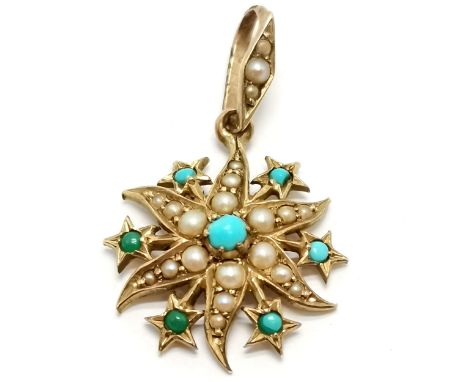 Antique 15ct marked gold pearl &amp; turquoise set pendant - 2.5cm drop &amp; 1.6g total weight ~ 1 turquoise stone a/f 